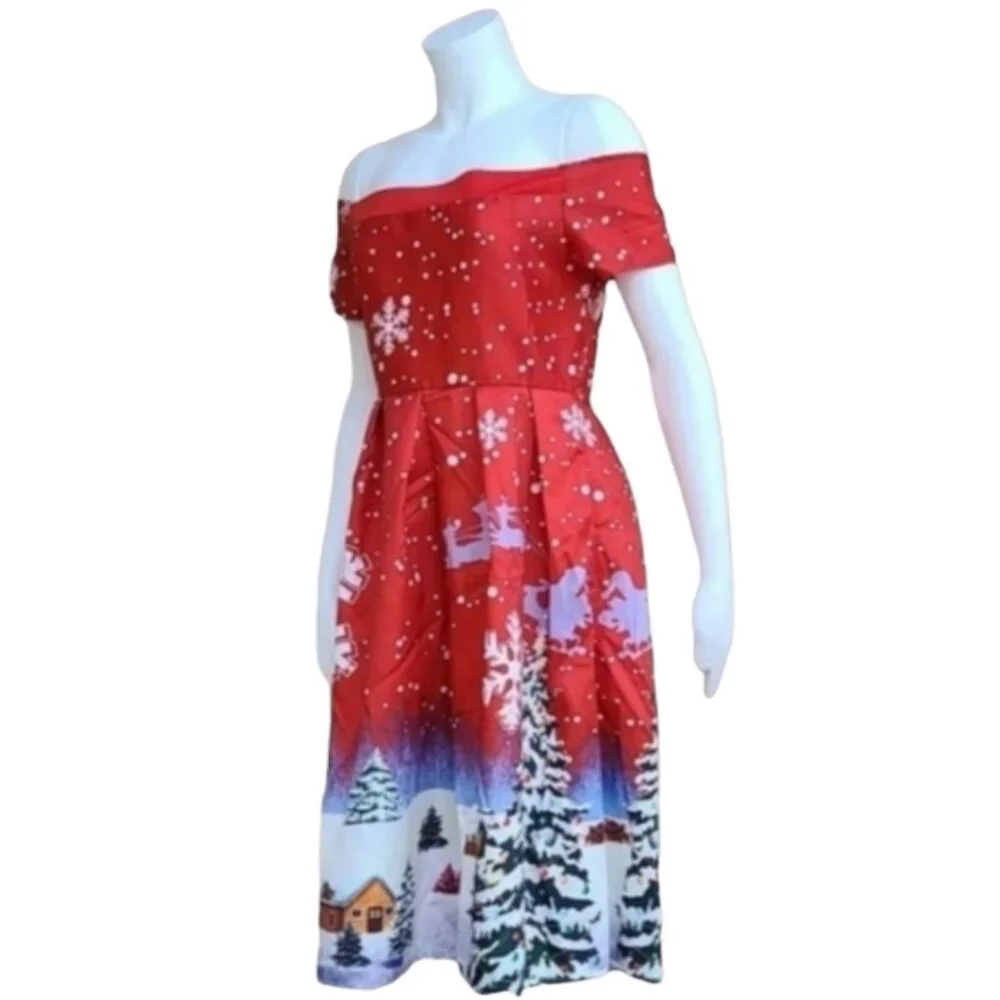 VINTAGE CHRISTMAS HOLIDAY Dress Small 4 6 Rockabilly Pin Up Off Shoulder Festive - Picture 13 of 14